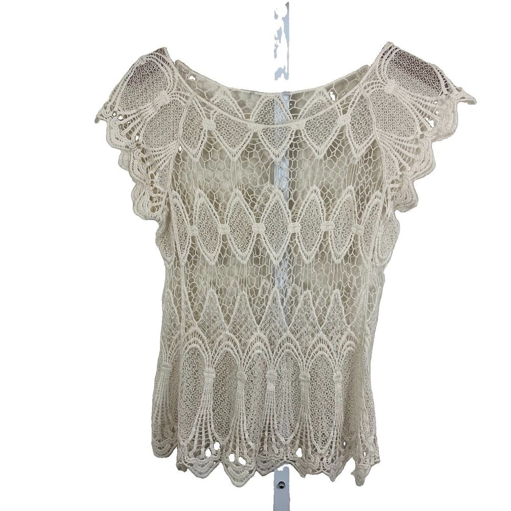 Crochet Lace Top Womens Ivory Sheer Open Knit Boho Festival Scallop Hem